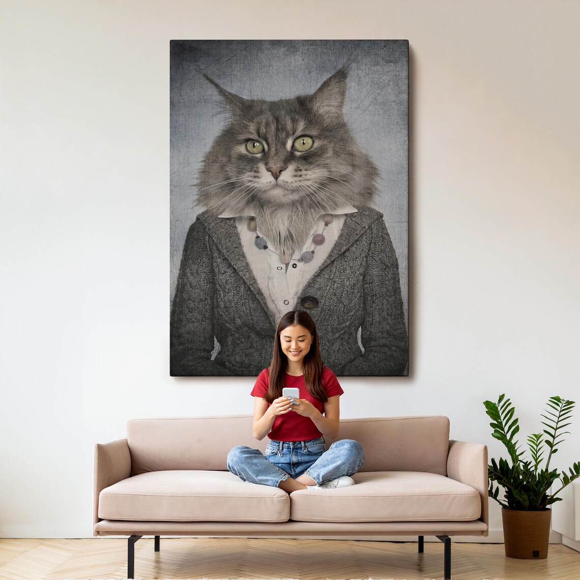 Funny Cat Headed Woman Portrait Painting Whimsical Animal Art Print Poster - Image 3