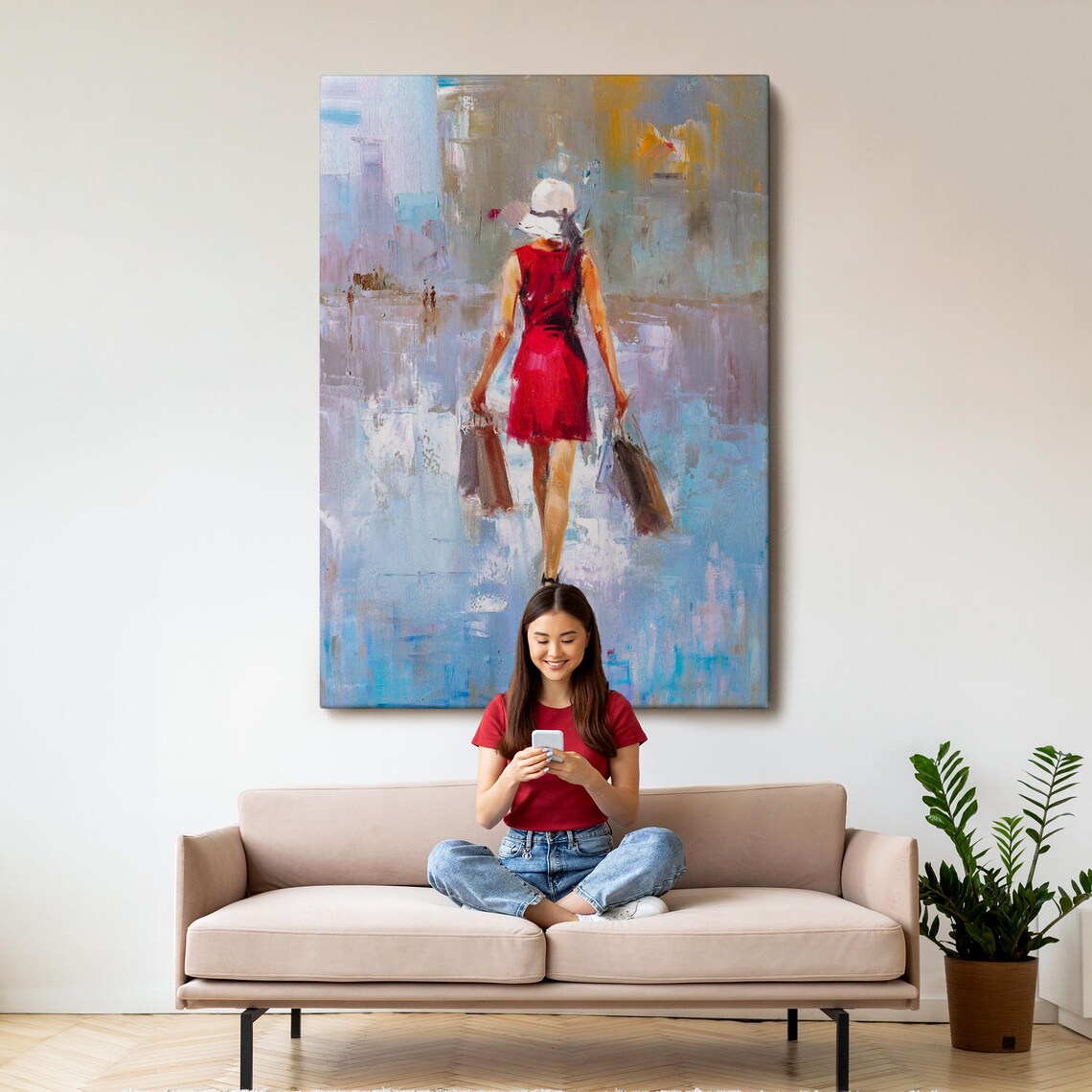 Woman in Red Dress Walking Away Oil Painting Style Modern Figurative Wall Poster - Image 3