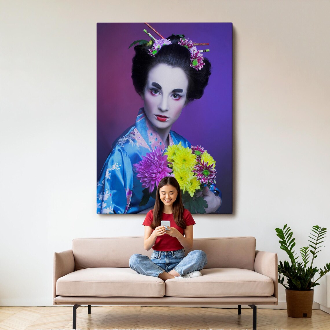 Geisha Portrait Blue Kimono Flower Bouquet Purple Art Poster - Image 3