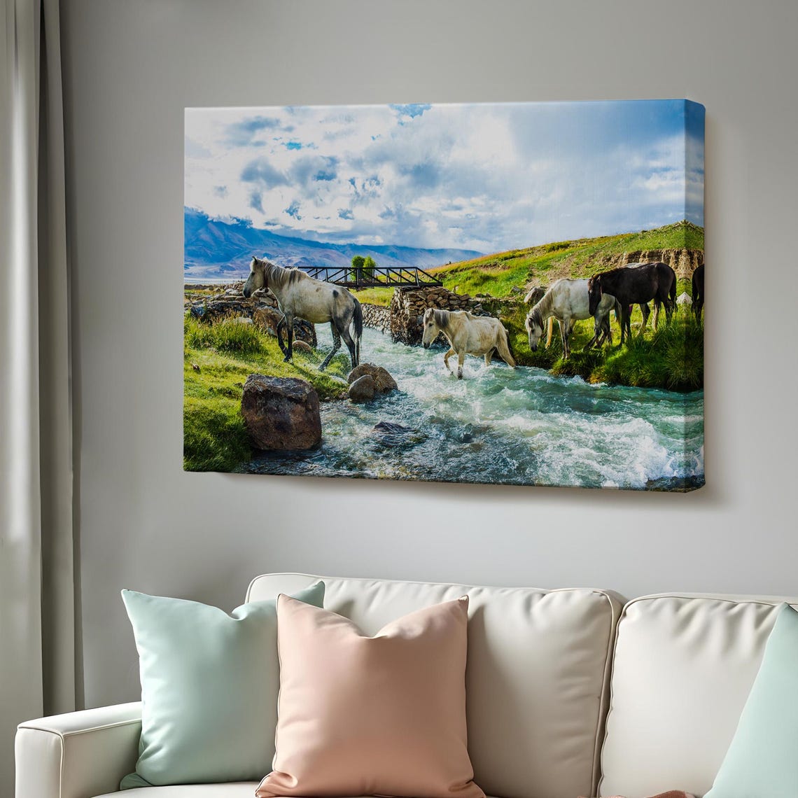 Wild Horses Crossing Mountain River Rushing Stream Nature Wall Art