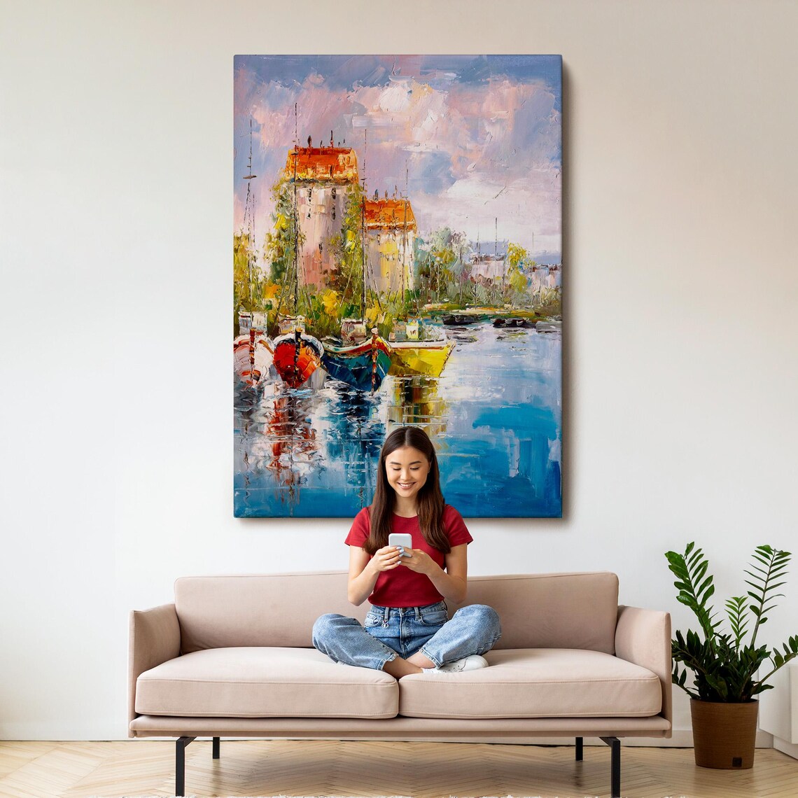 Impressionist Harbor Colorful Boats Old Town Waterfront Art Poster - Image 3
