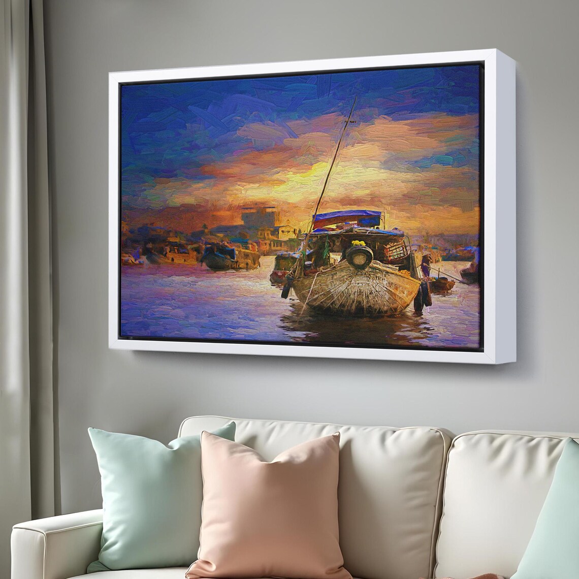 Colorful Floating Market Sunset Painting Woven Boats River Poster - Image 3