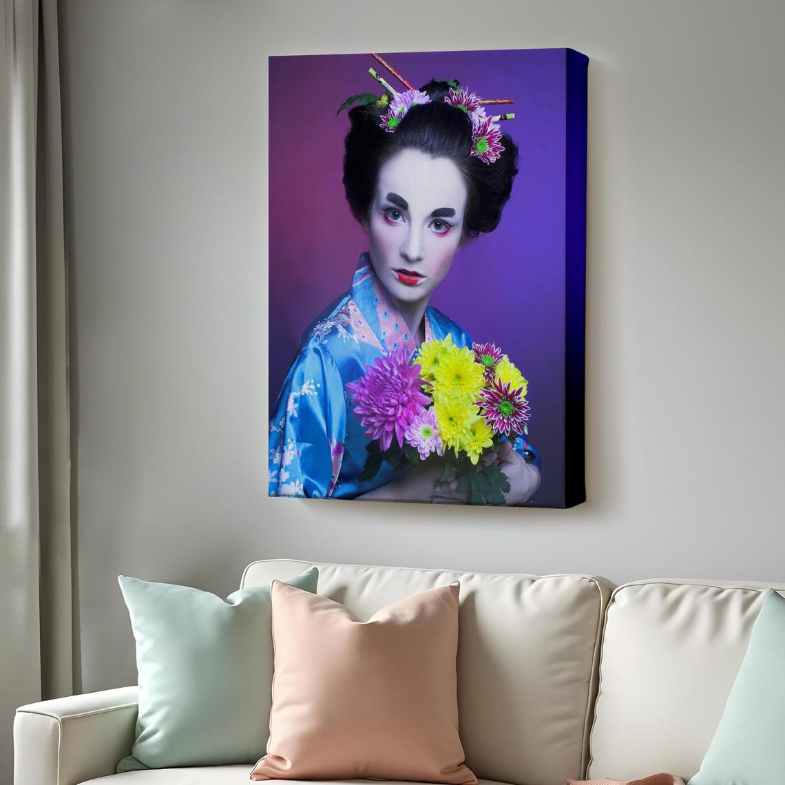 Geisha Portrait Blue Kimono Flower Bouquet Purple Art Poster