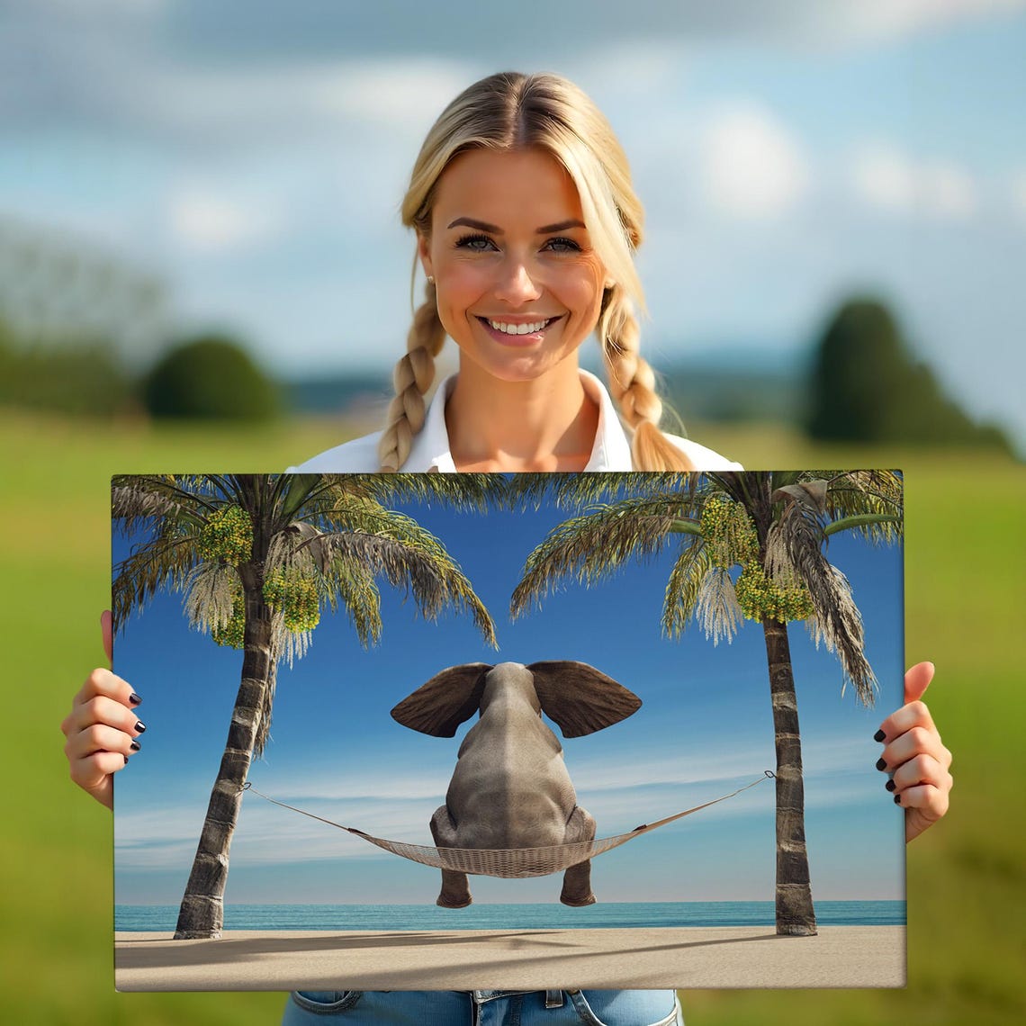 Funny Elephant Relaxing In Hammock Between Palm Trees Beach Poster - Image 5