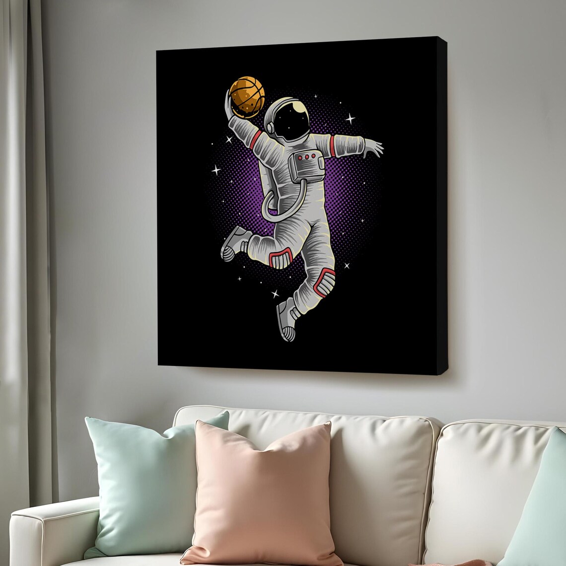 Astronaut Dunking Basketball In Space Retro Halftone Sports Poster