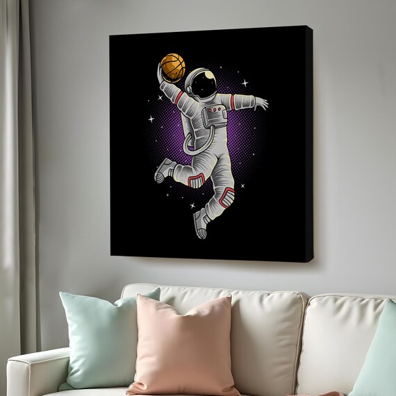 Astronaut Dunking Basketball In Space Retro Halftone Sports Poster