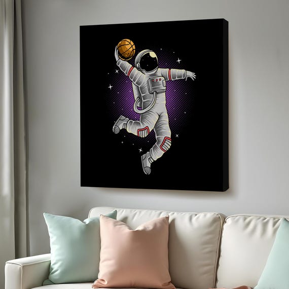 Astronaut Playing Basketball On The Moon Painting Large Wall Art Housewarming Gifts Framed Wall Art Sports Print