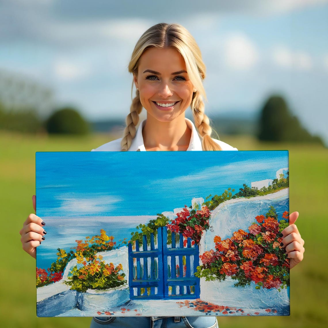Greek Island Blue Door Whitewashed Wall Bougainvillea Sea View Poster - Image 5