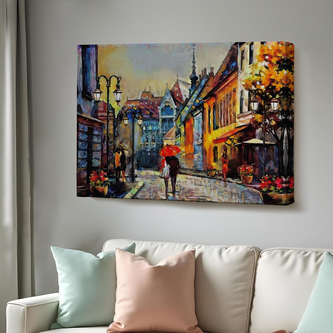 Old European Town Street Rainy Day Red Umbrella Oil Painting Poster