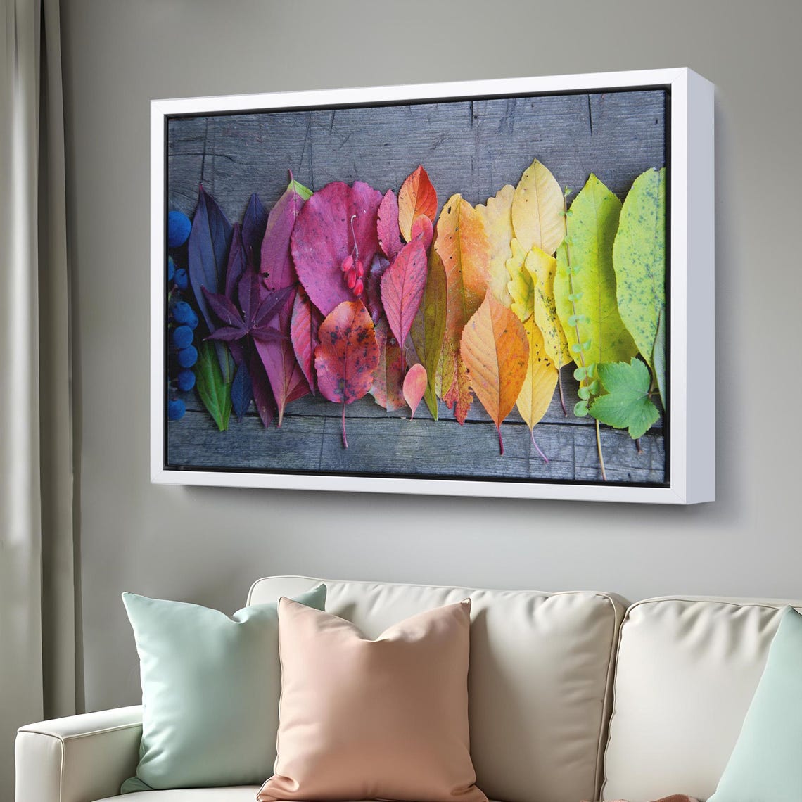 Rainbow Autumn Leaves Gradient Arrangement Rustic Wood Photo Poster - Image 3