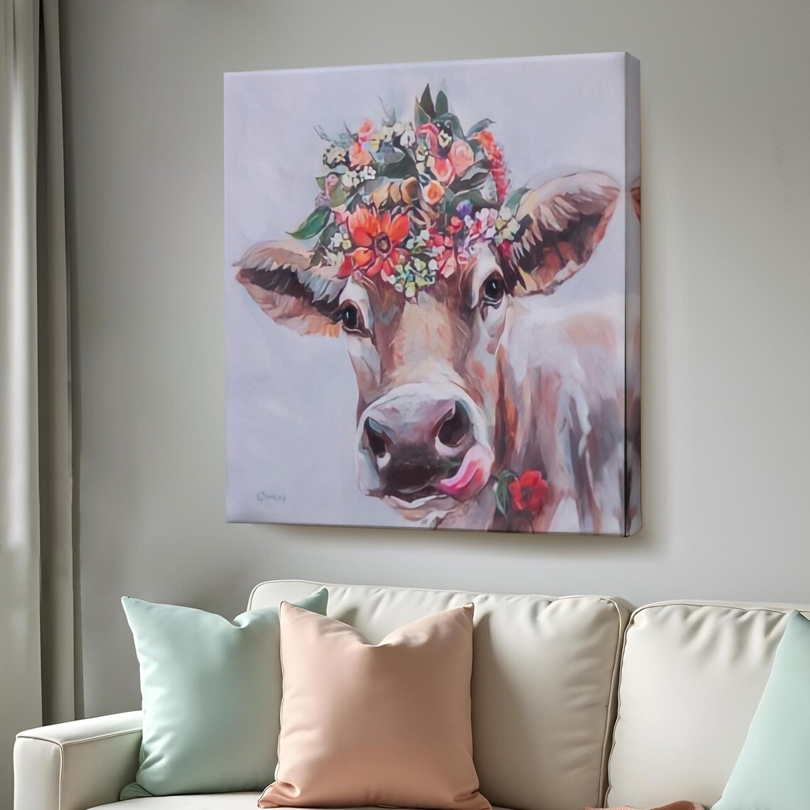 Cute Cow with Flower Crown Whimsical Farm Animal Portrait Poster