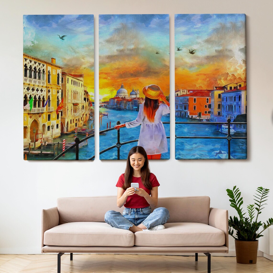 Venice Canal Sunset Girl Overlook Santa Maria Salute Italy Poster - Image 2