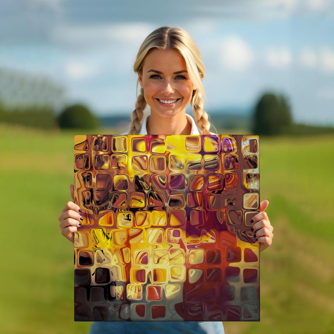 Amber Gold Glass Squares Abstract Warm Tones Geometric Mosaic Wall Art - Image 5