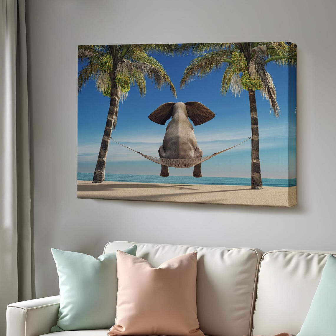 Funny Elephant Relaxing In Hammock Between Palm Trees Beach Poster