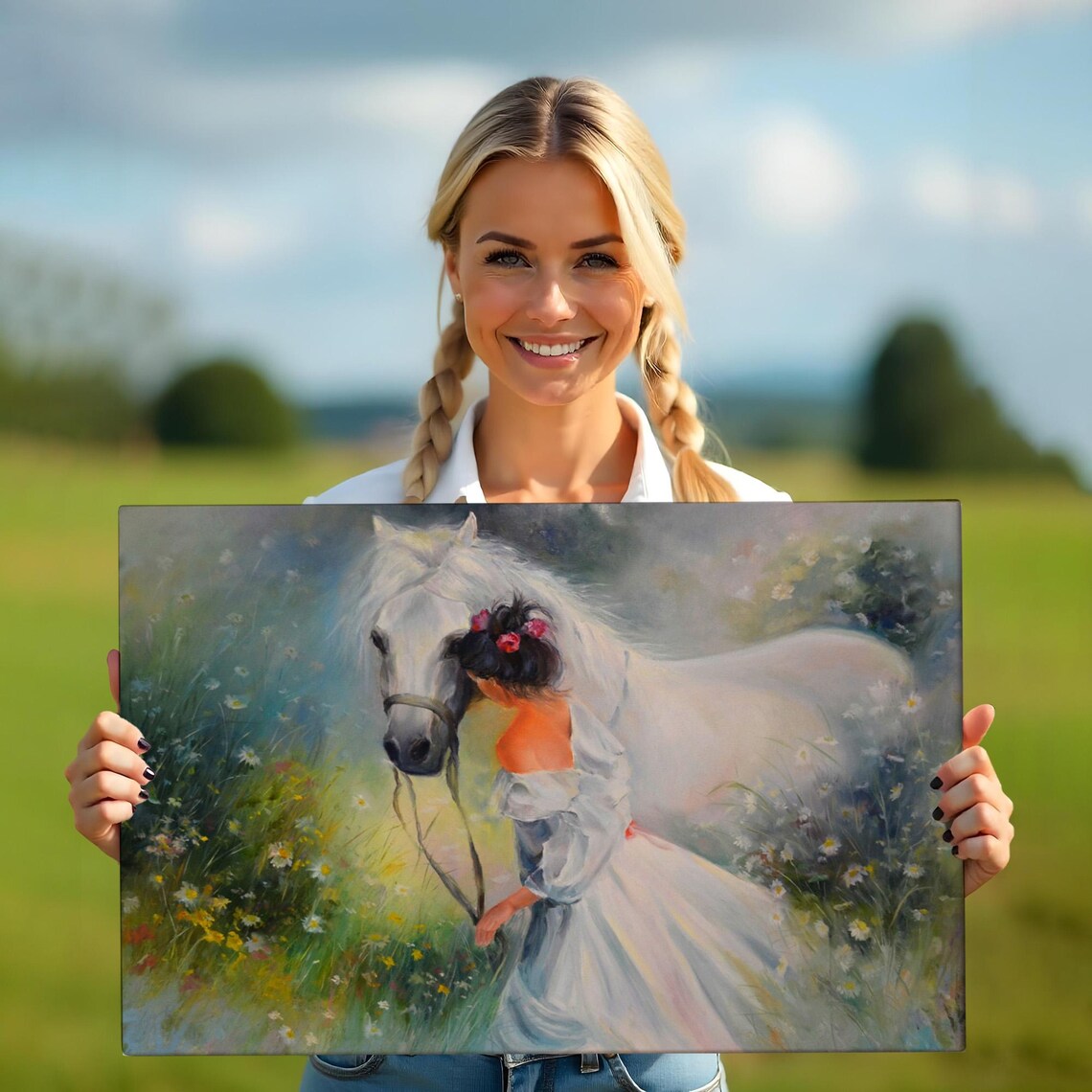 Girl With White Horse Wildflower Meadow Dreamy Oil Painting Poster - Image 5