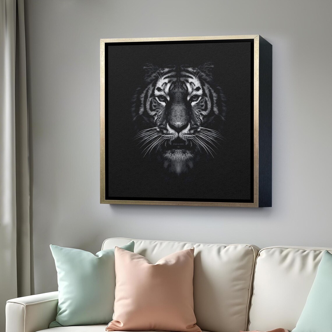 Dramatic Black And White Tiger Face Portrait Dark Background Wildlife Wall Poster - Image 4