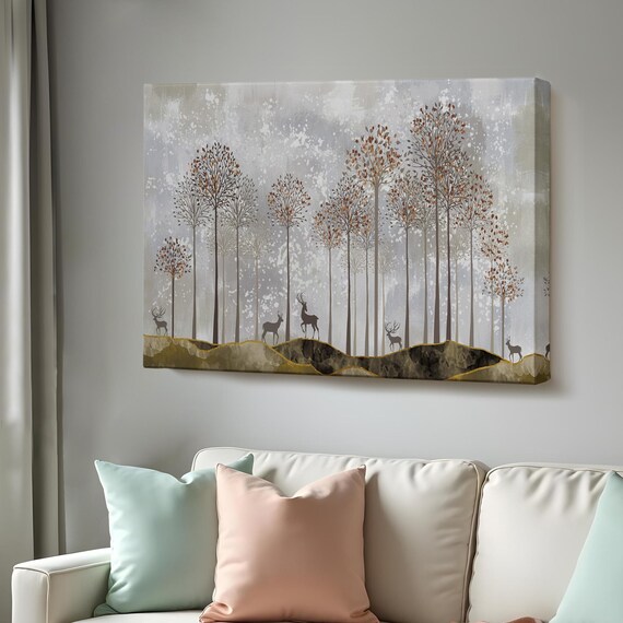 Deer Silhouettes Slender Trees Neutral Tones Modern Wildlife Wall Art Print