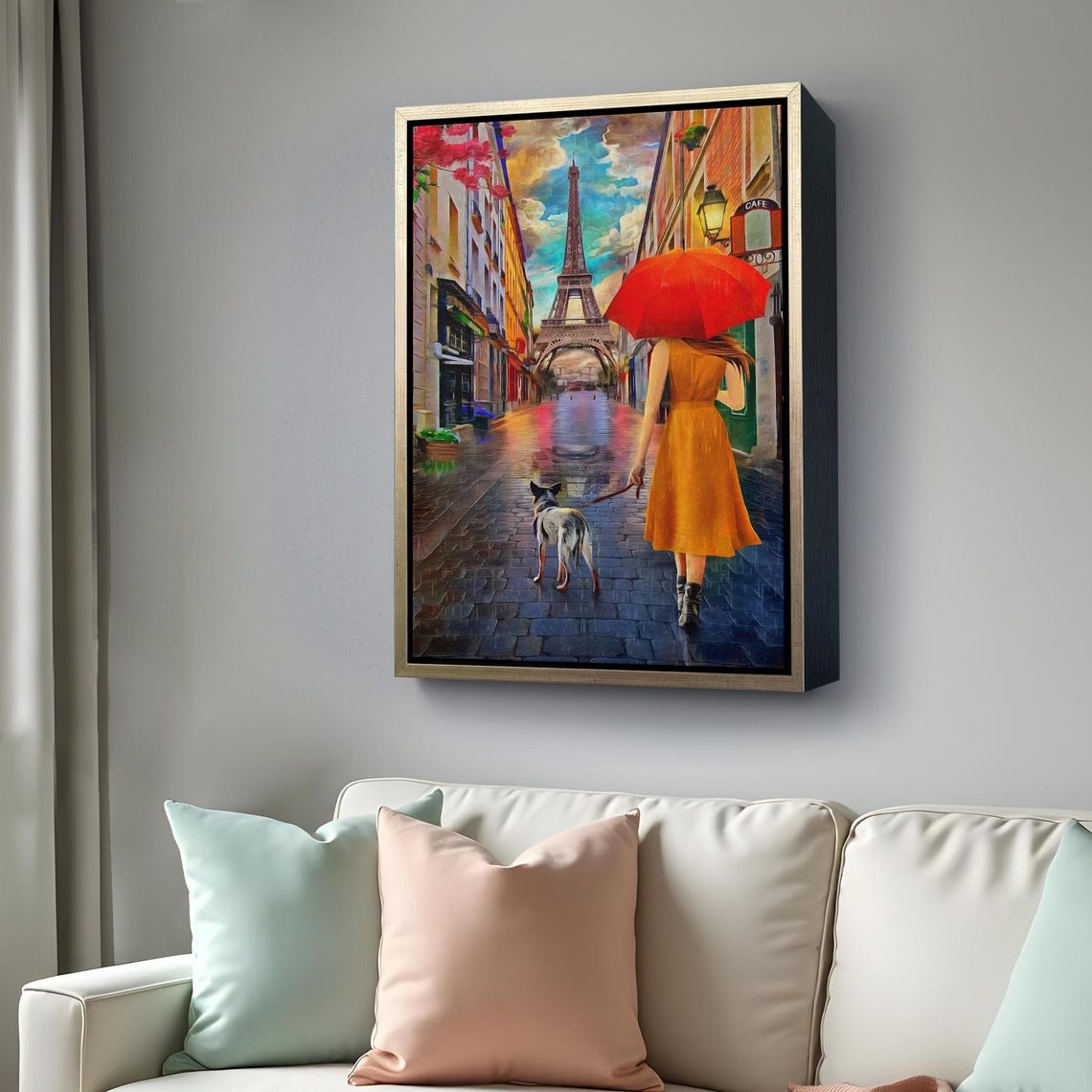 Woman Red Umbrella Dog Rainy Eiffel Tower Paris Street Travel Poster - Image 4