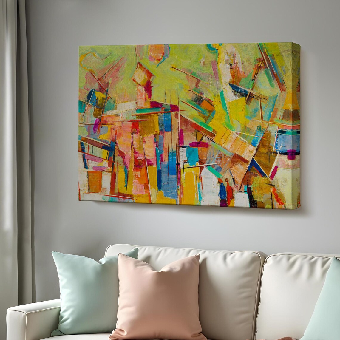 Vibrant Colorful Abstract Cubist City Skyline Yellow Orange Art Poster