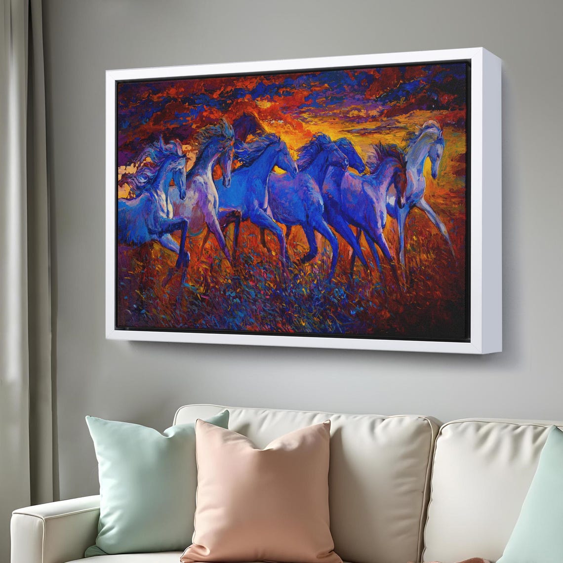 Galloping Horses Fiery Sunset Sky Blue Herd Dynamic Painting Poster - Image 3
