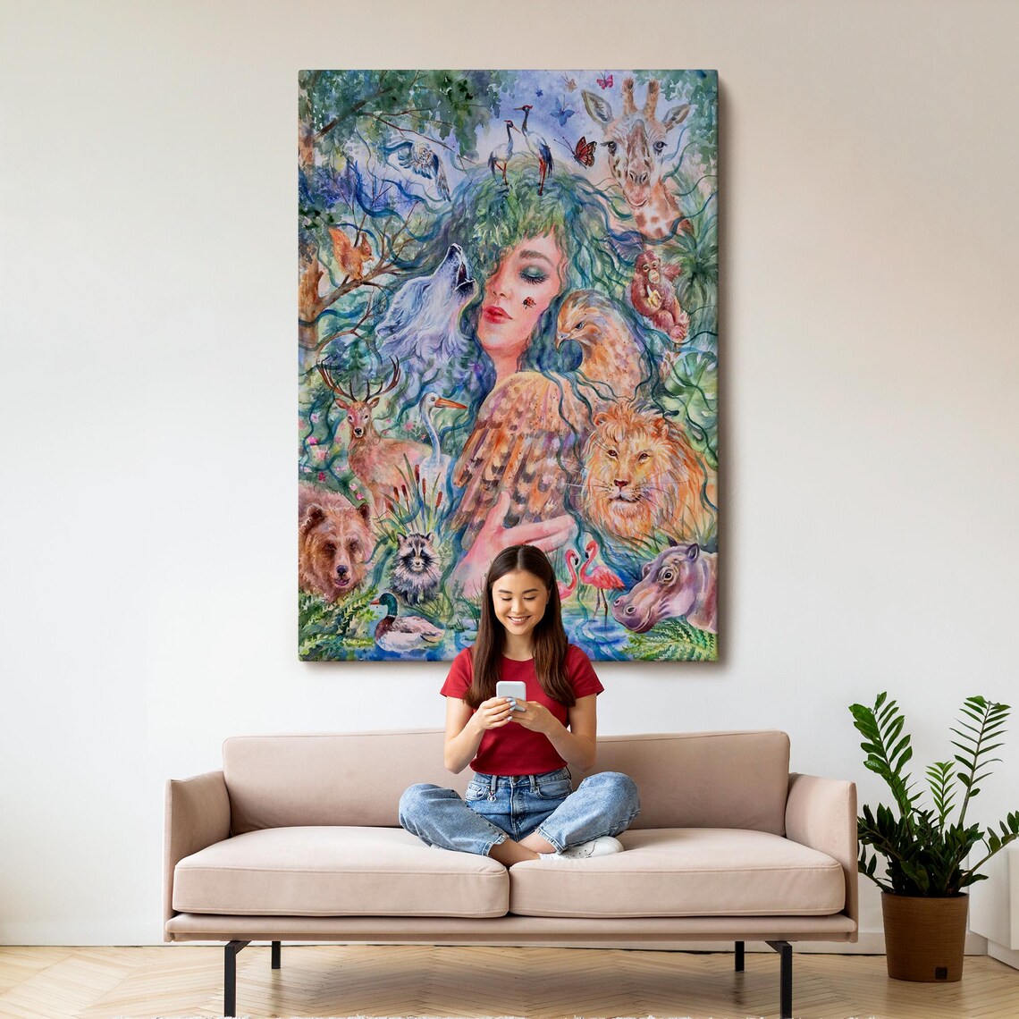Mother Nature Woman Surrounded By Wild Animals Jungle Dream Wall Art - Image 3
