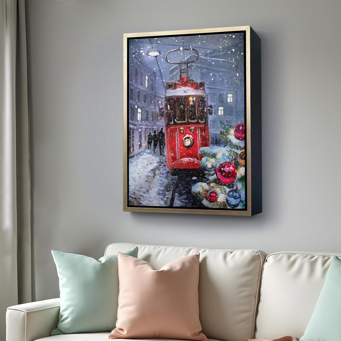 Red Vintage Tram In Snowy Street Christmas Ornaments Winter Wall Art - Image 4