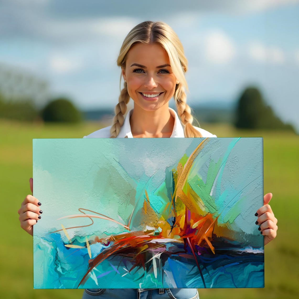 Abstract Teal Orange Brushstroke Burst Modern Canvas Wall Art - Image 5