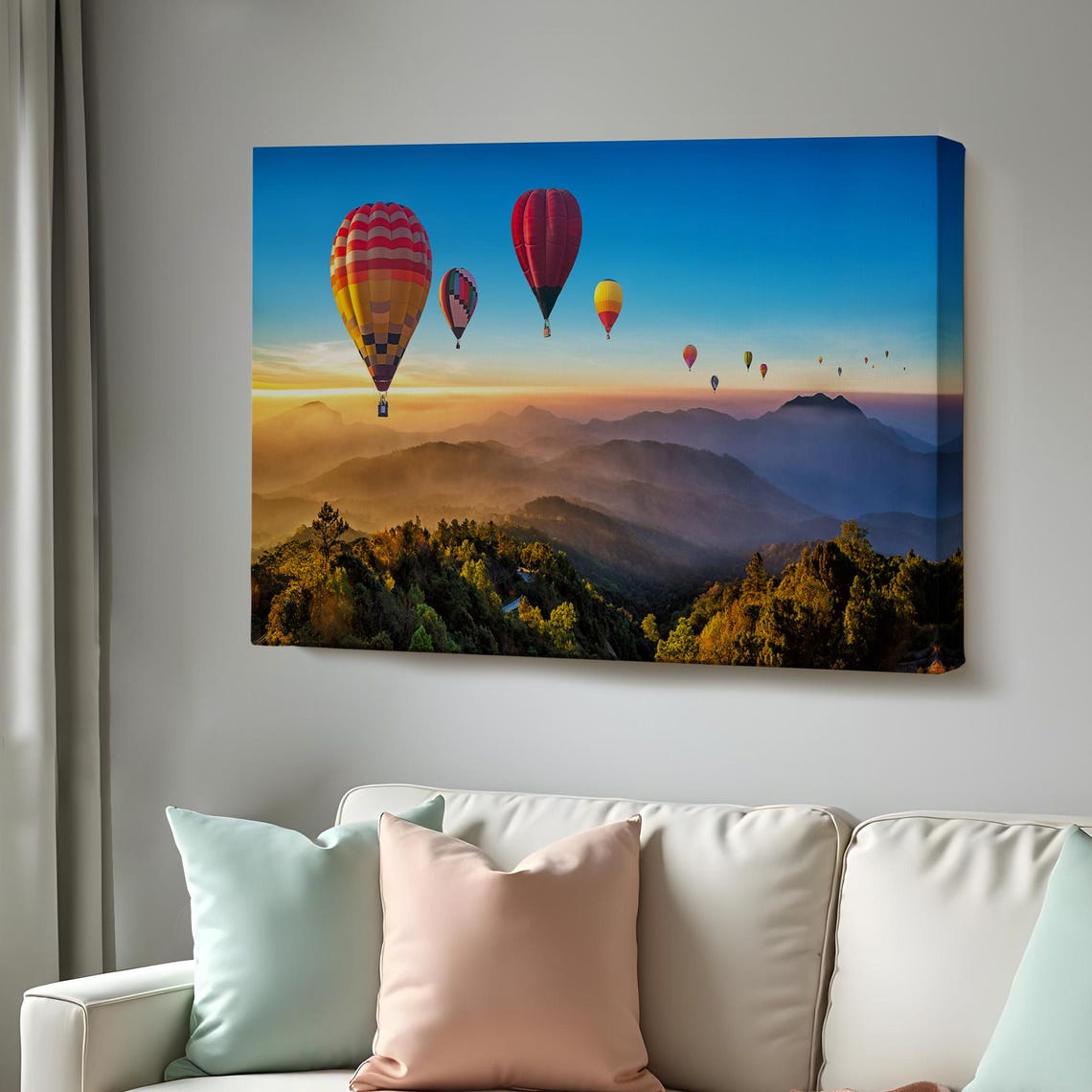 Hot Air Balloons Sunrise Misty Mountains Forest Valley View Poster