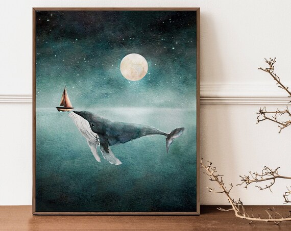 Whale Watercolor Print Humpback And Sailboat Nursery Print Whimsical Whales At Sea Painting