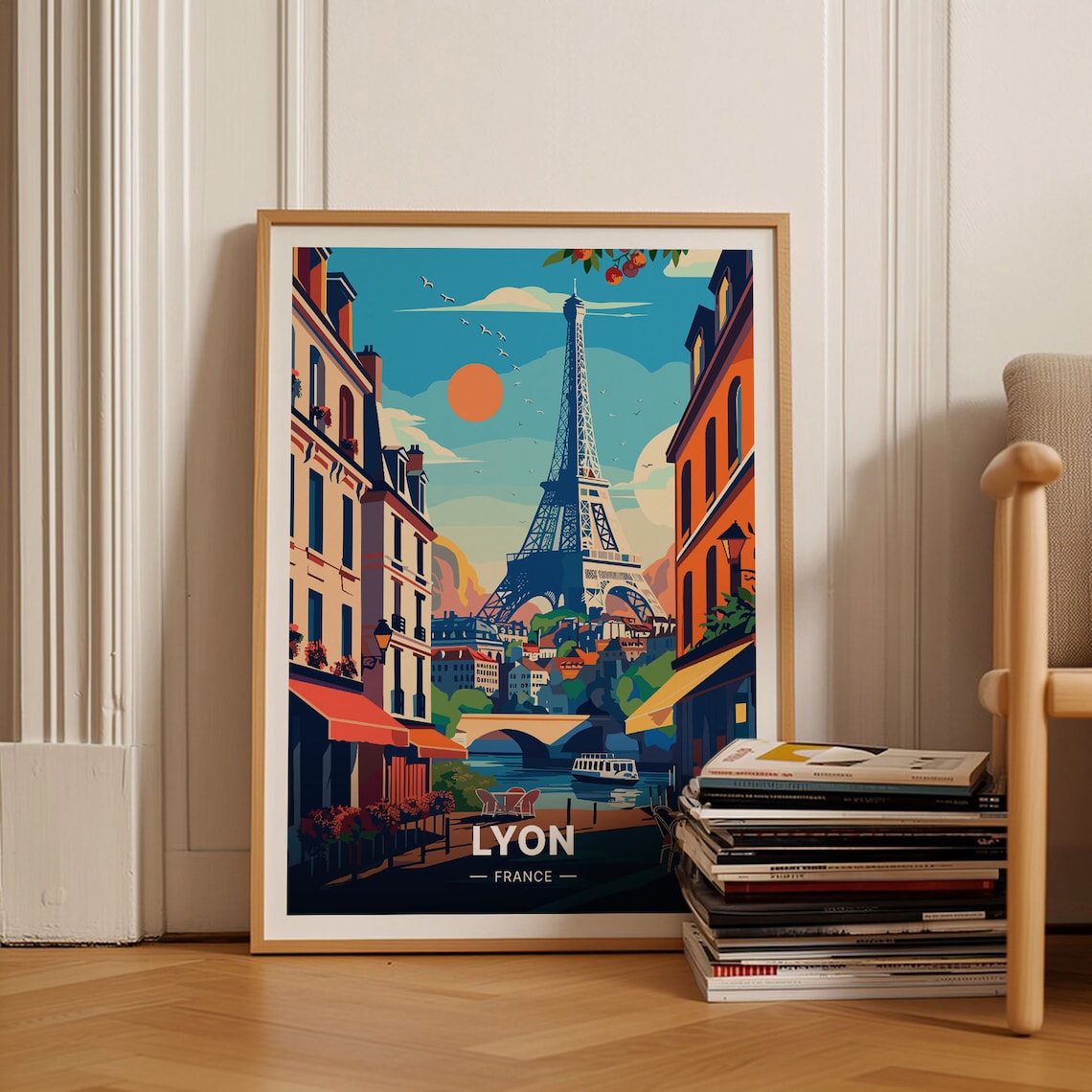 Lyon France Riverside Cafes Eiffel Tower Street Vintage Travel Poster