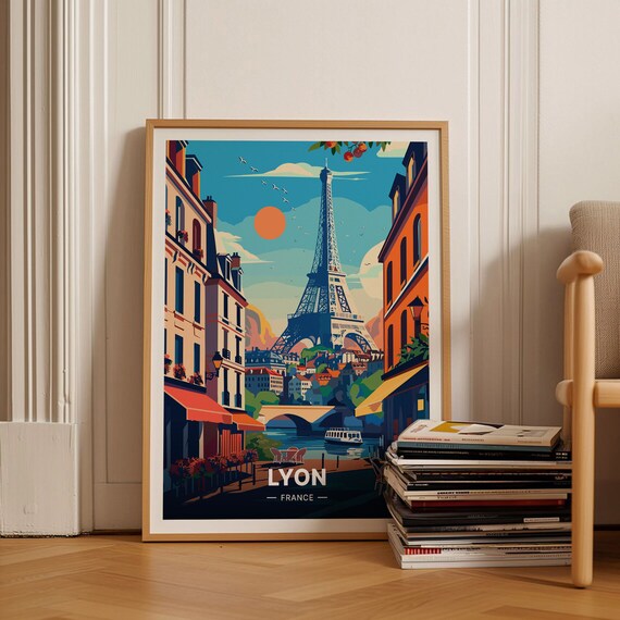 Lyon France Riverside Cafes Eiffel Tower Street Vintage Travel Poster