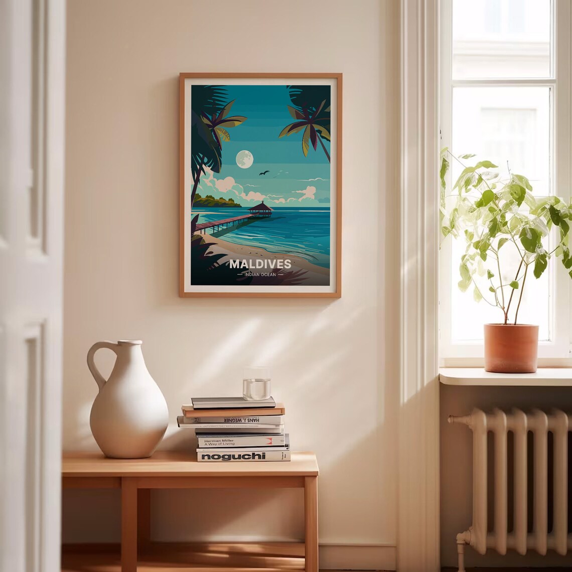 Maldives Indian Ocean Moonlit Beach Pier Palms Tropical Travel Poster - Image 4