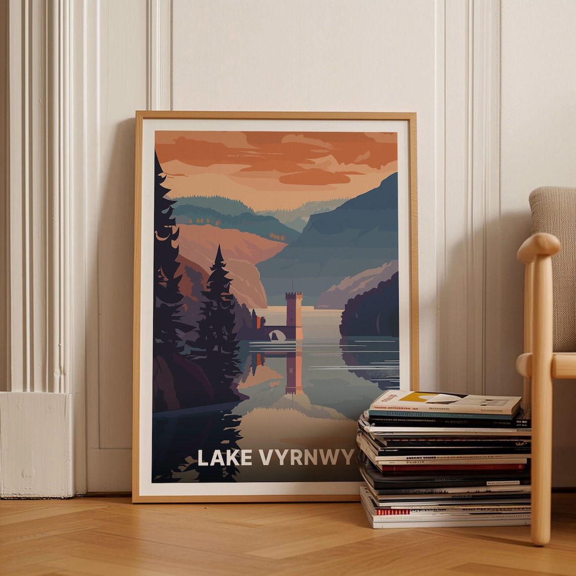 Lake Vyrnwy Wales Mountain Reservoir Tower Sunset Reflection Travel Poster