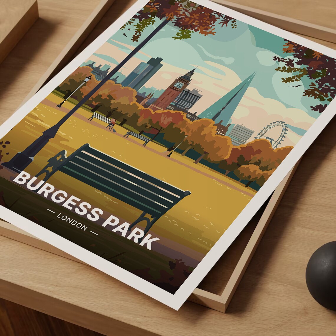 Burgess Park London Autumn Skyline Benches View Travel Poster - Image 3