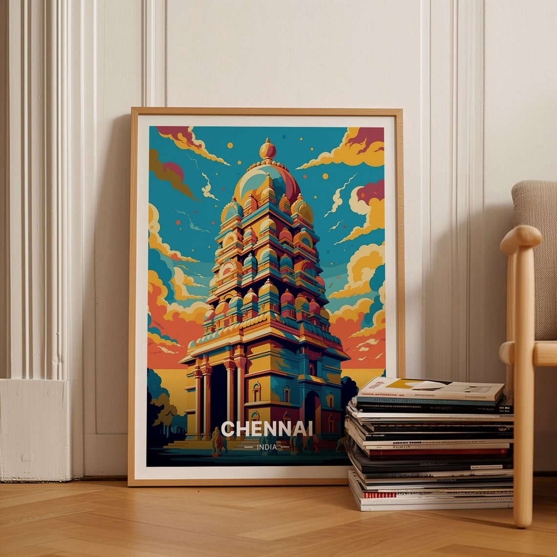 Chennai India Colorful Hindu Temple Gopuram Sunset Travel Poster Art