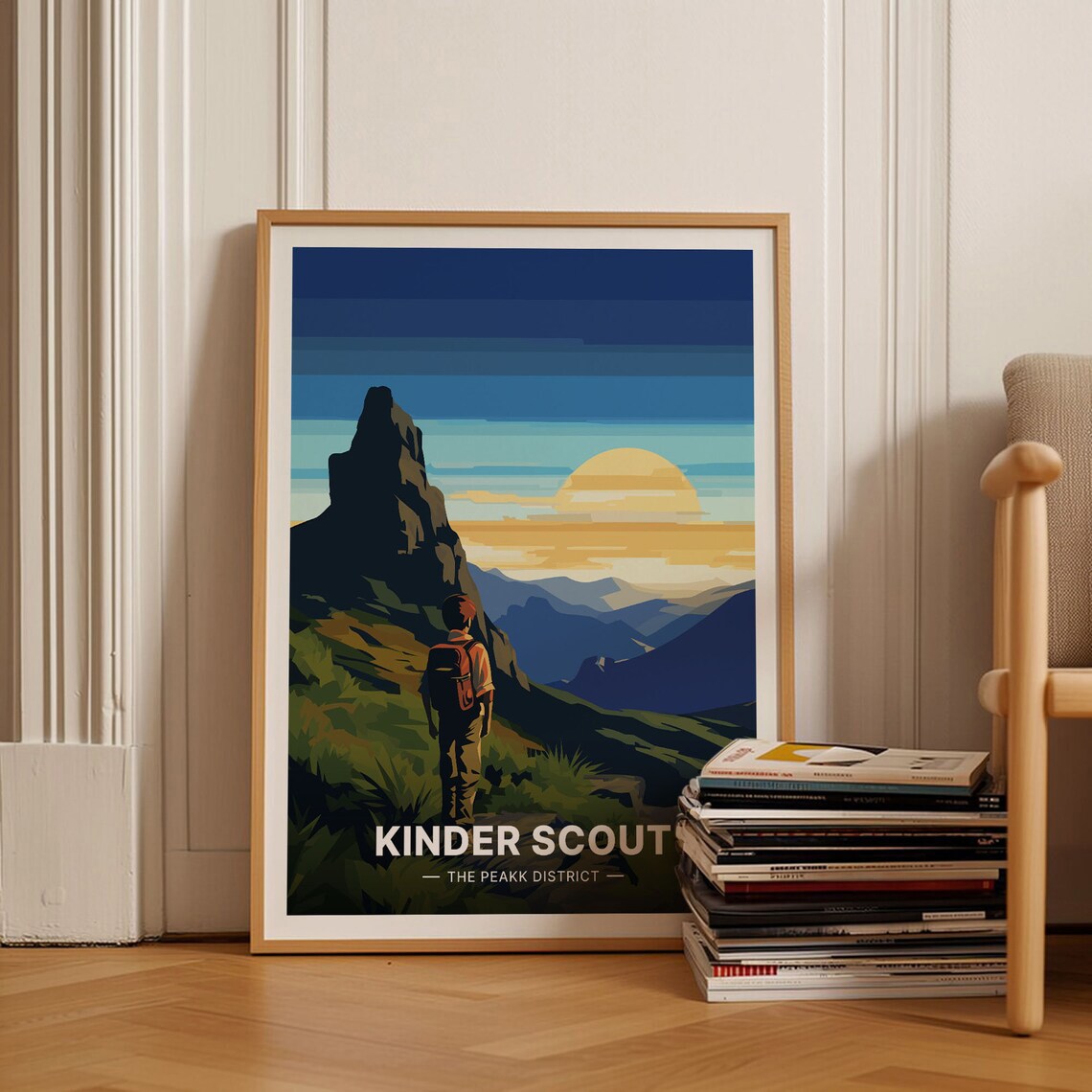 Kinder Scout Peak District Travel Poster Hiker Sunrise Mountain Art