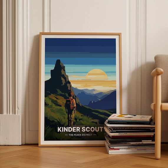 Kinder Scout Peak District Travel Poster Hiker Sunrise Mountain Art