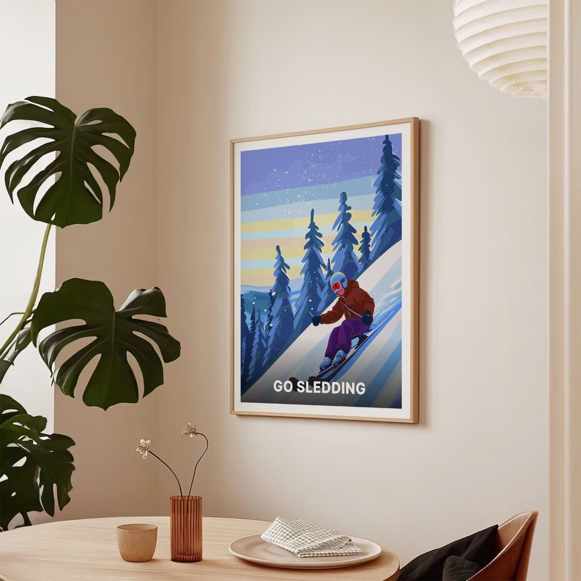 Go Sledding Retro Ski Slopes Sunset Alpine Winter Sports Poster - Image 2