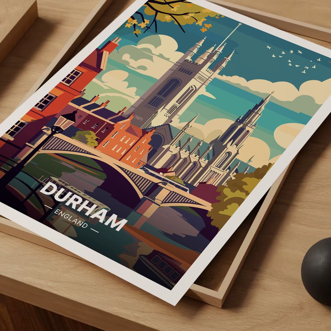 Durham Cathedral Vintage River Bridge England Cityscape Poster - Image 3