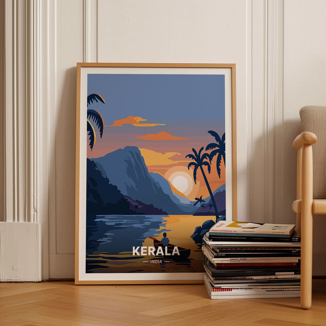 Kerala India Sunset Backwaters Palm Trees Canoe Travel Poster