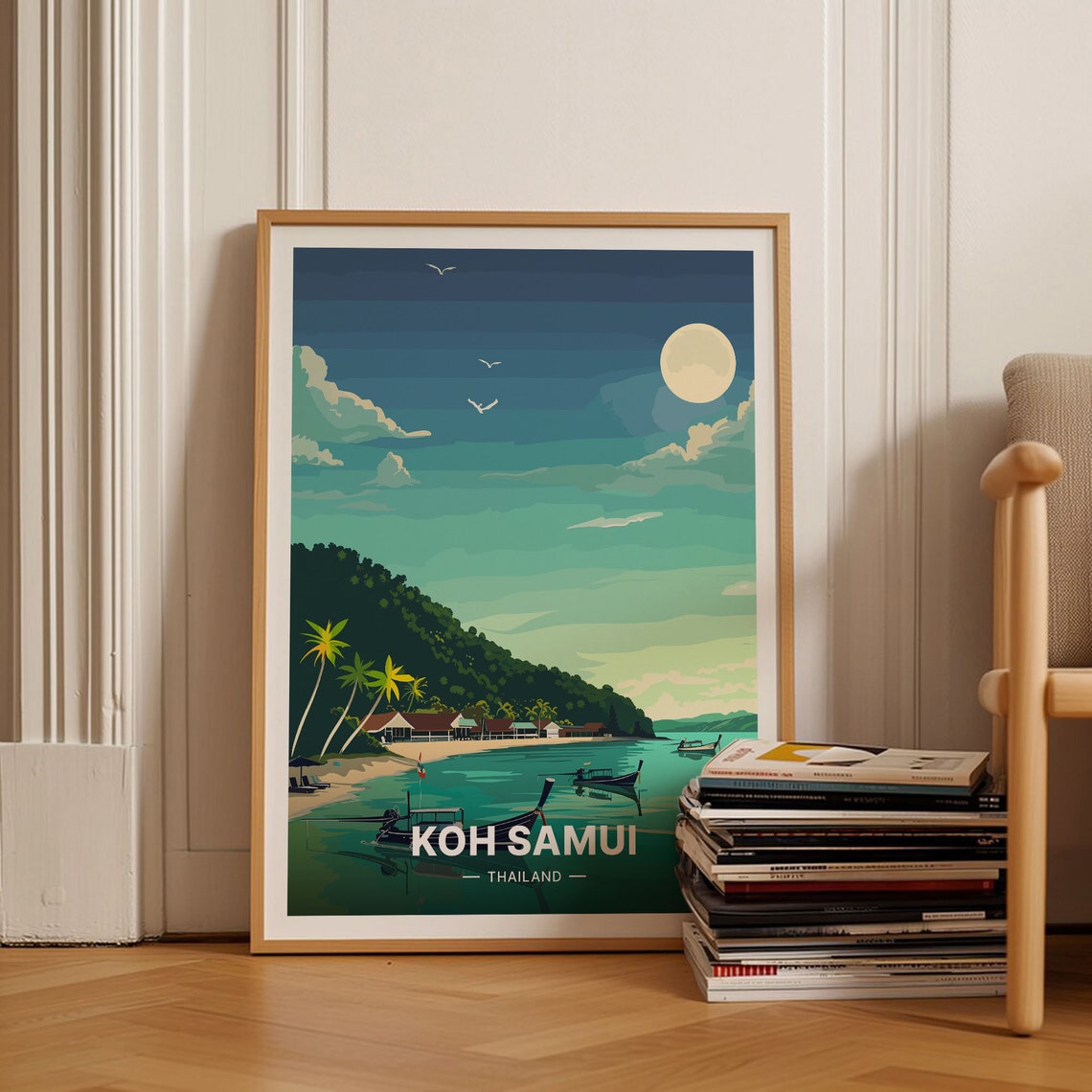 Koh Samui Thailand Longtail Boats Moonlit Bay Palm Beach Poster