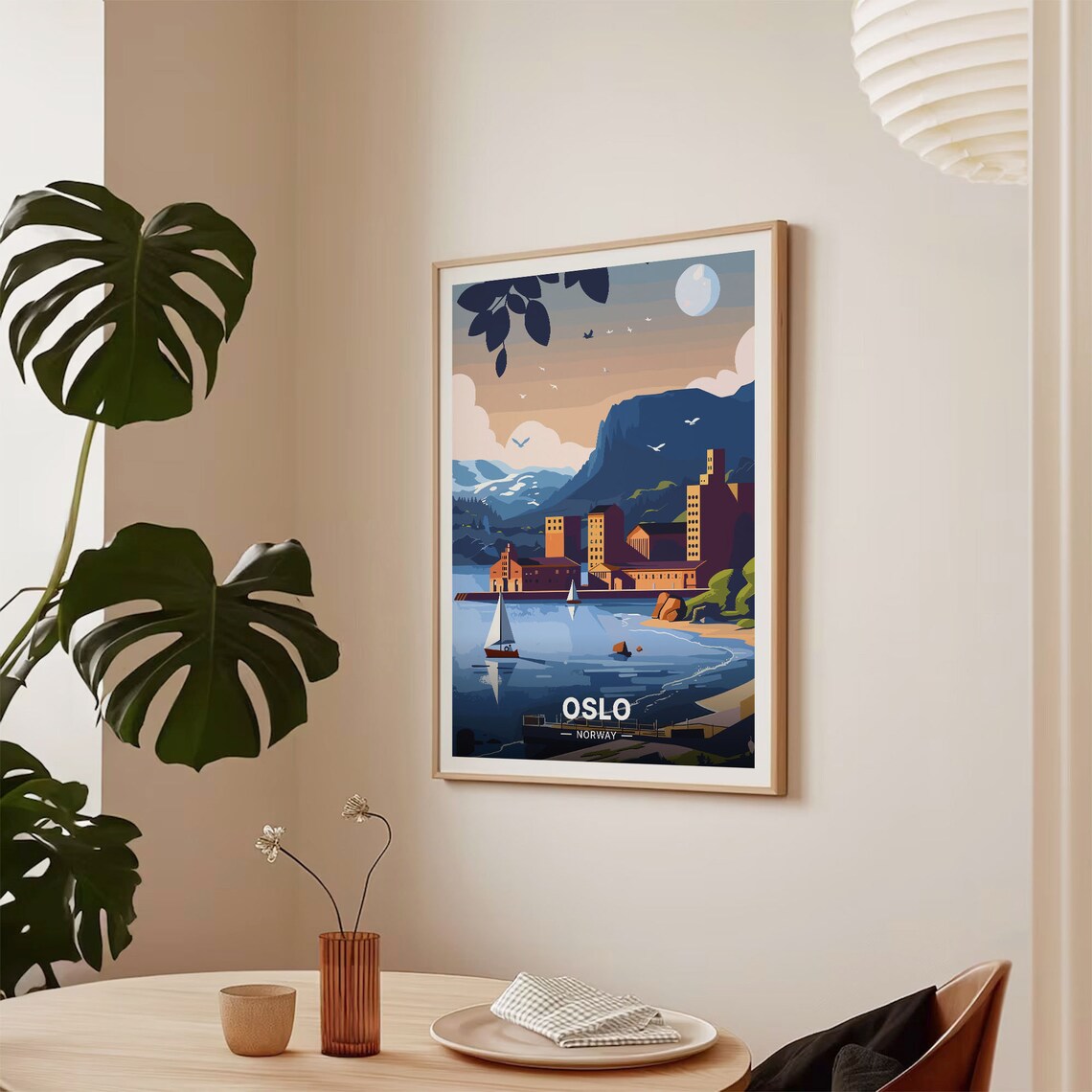 Oslo Norway Travel Poster Fjord Waterfront Sailboats Moonlit Sky Art - Image 2