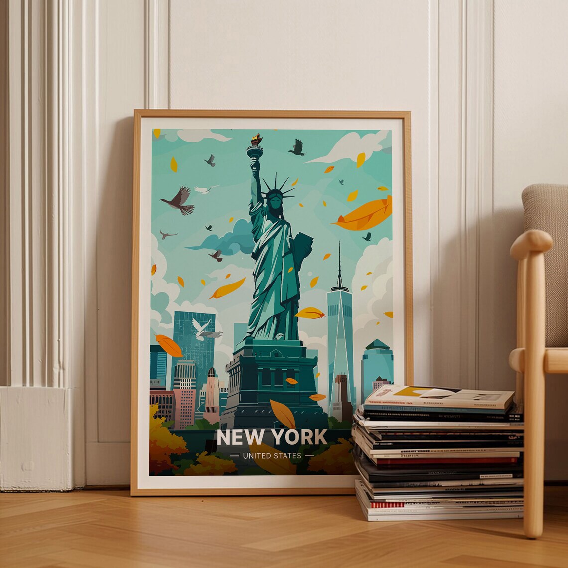 New York Statue of Liberty Vintage Travel Poster Autumn Skyline Art