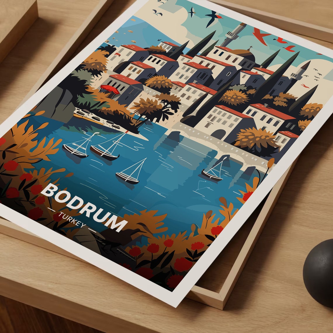 Bodrum Turkey Aegean Harbour Sailboats Hillside Town Travel Poster - Image 3