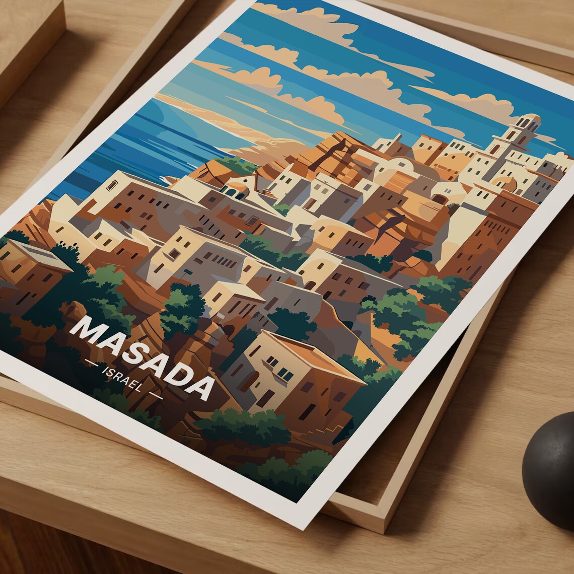 Masada Israel Travel Poster Cliffside Village Mediterranean Sea Art - Image 3