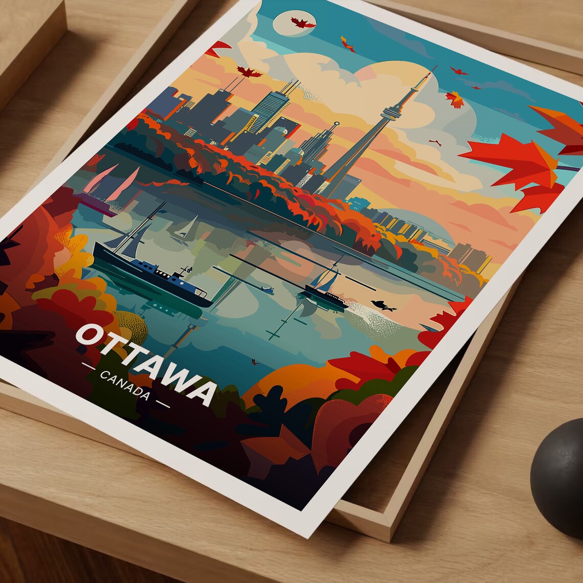 Ottawa Canada Skyline Tower Autumn Lake Retro Vintage Travel Poster - Image 3