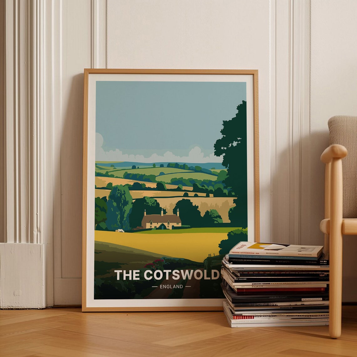 The Cotswolds England Golden Rolling Fields Stone Cottage Poster