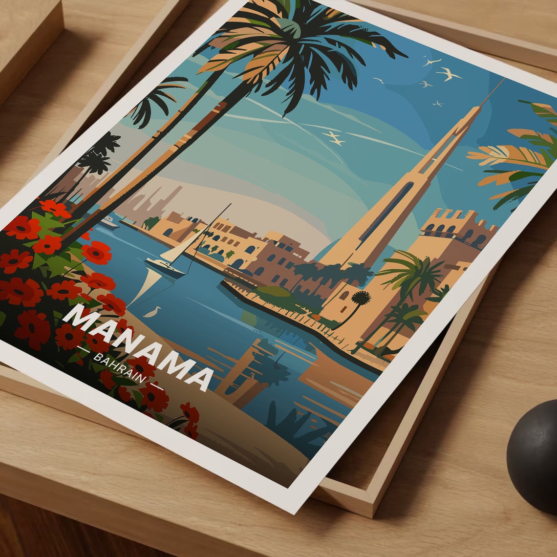 Manama Bahrain Harbor Palm Skyline Mosque Sailboats Travel Poster - Image 3