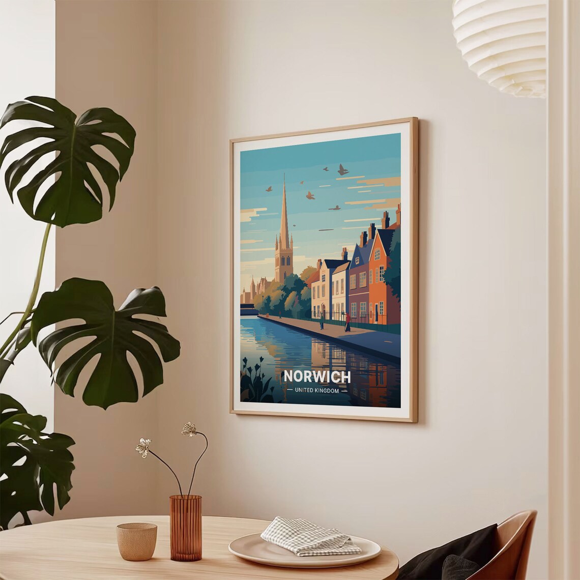 Norwich UK Cathedral Spire River Riverside Houses Travel Poster - Image 2