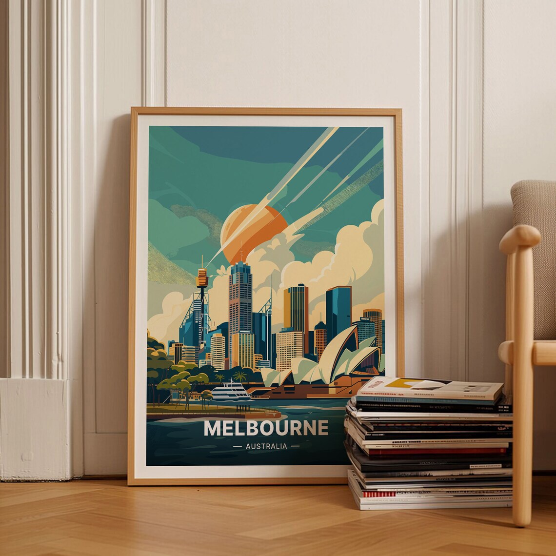 Melbourne Australia Waterfront Skyline Sunset Illustrated Travel Poster
